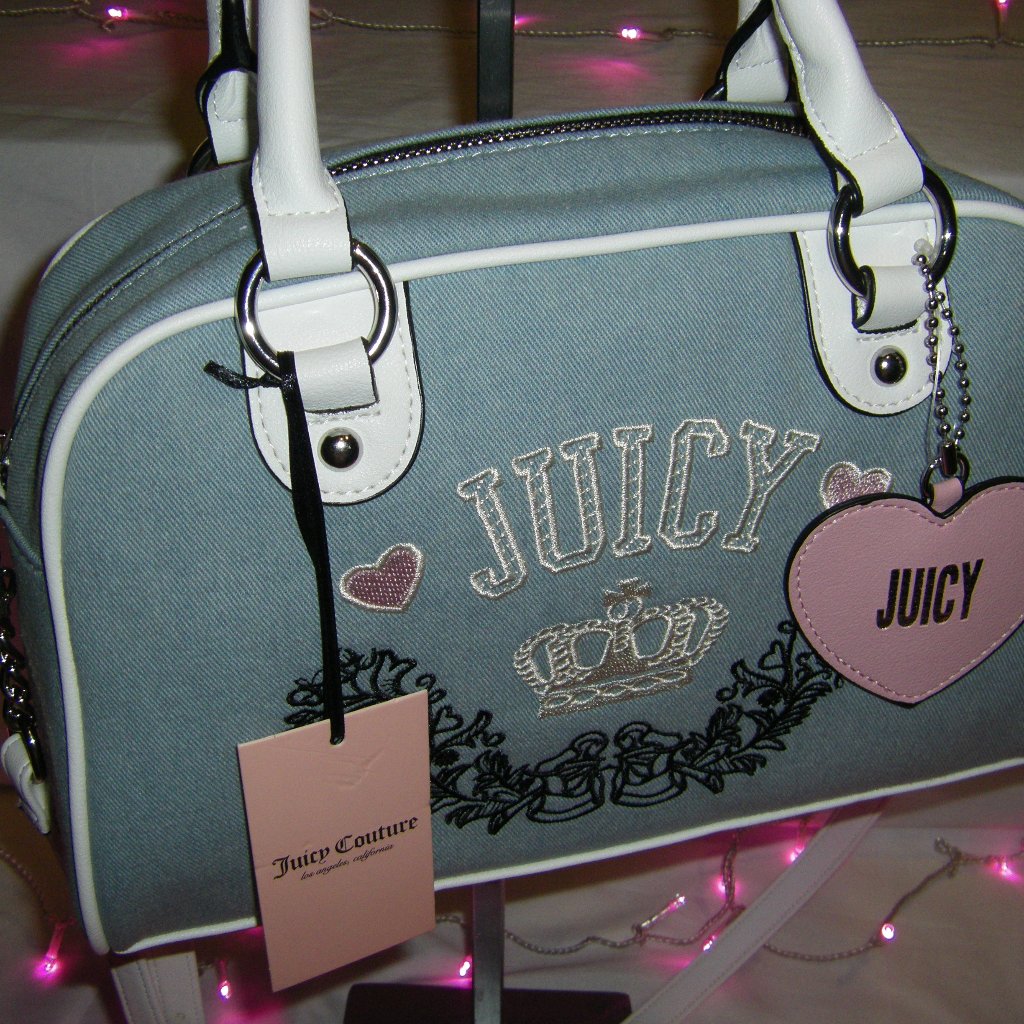 Juicy Couture Denim Satchel Crossbody Bag Pink Heart Charm Logo Nwt